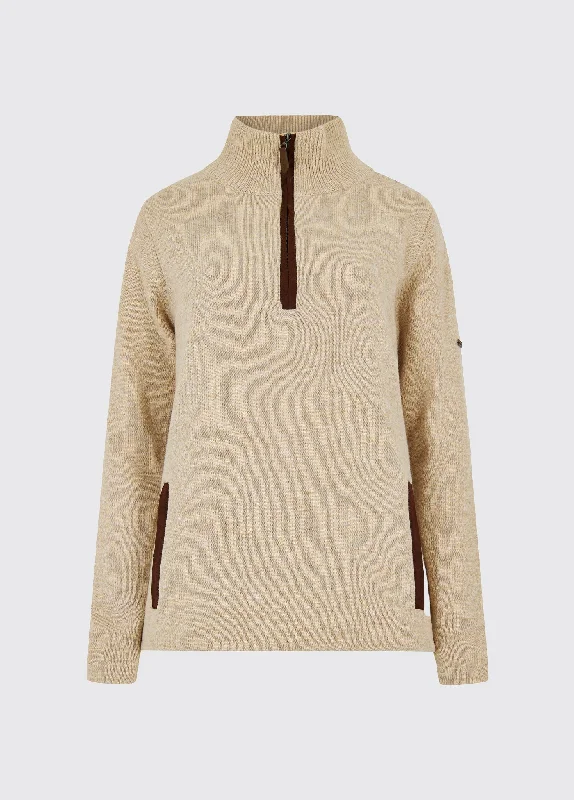 Morrisey Zip Neck Sweater - Oat Boat Neck Shawl Collar Notched Collar
