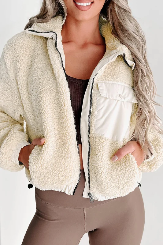 Hazel Blues® |  Drawstring Zip Up Sherpa Jacket with Removable Hood Stand-Up Collar Roll-Neck Collar Turtle Neck