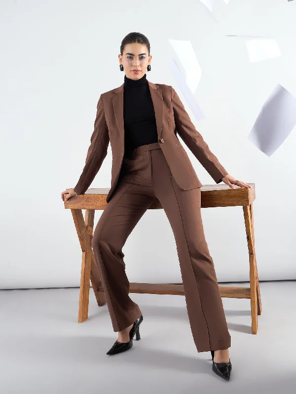 Brown Notched Lapel Blazer With High-Waist Trouser In Stretchable Fabric Slimming Women's Blazer