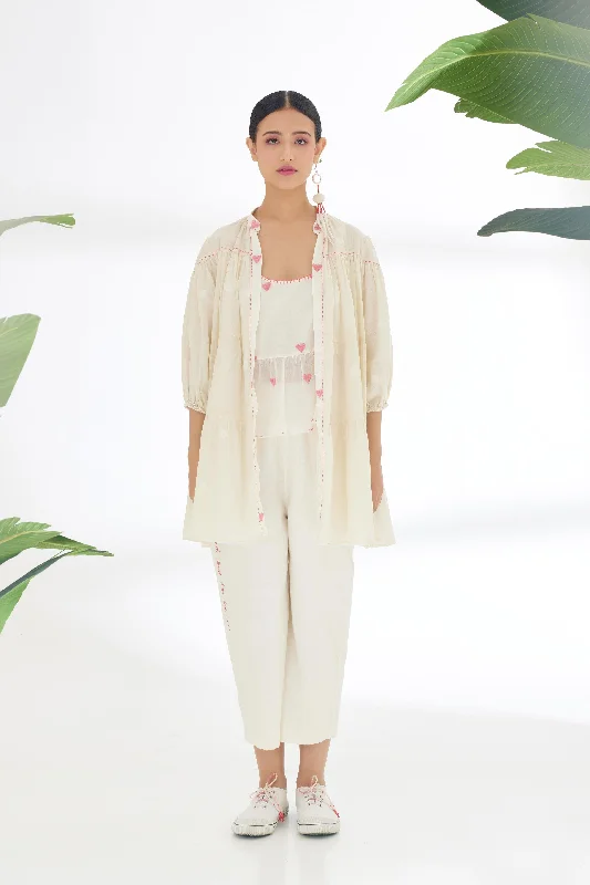Cream Hand Woven Polka Dot Jamdani Reversible Jacket Denim Fabric Leather Fabric Suede Fabric