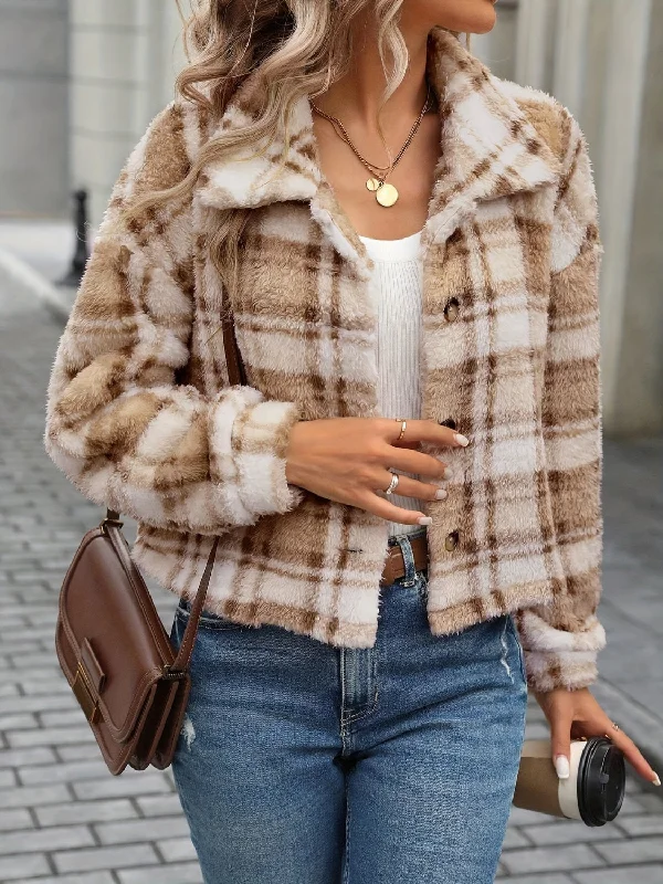 Hazel Blues® |  Plaid Button Up Collared Neck Long Sleeve Jacket Ribbed Jacket Pleated Jacket Ruffled Jacket