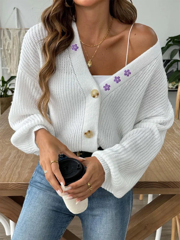 Floral Embroidered Applique Cropped Button Cardigan Sweater Button Cardigan Zip Cardigan Pullover Cardigan