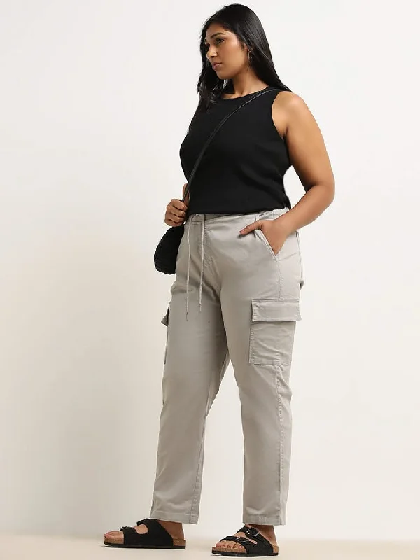 Gia Grey Solid High-Rise Solid Cotton Blend Trousers Trousers Canvas Durable