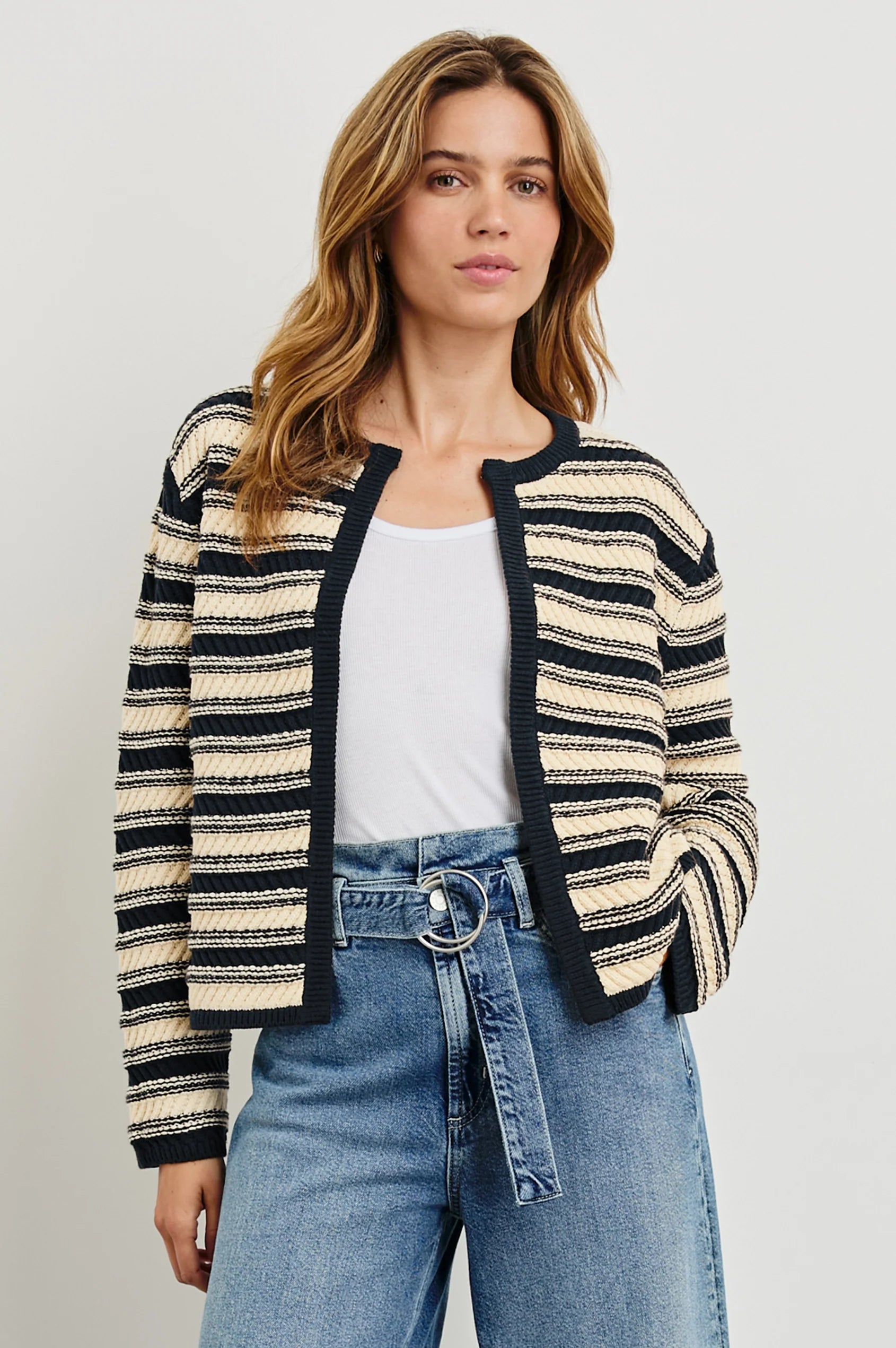 Rails - Nelly Cardigan in Navy Oat Stripe Cotton Fabric Linen Fabric Terry Fabric