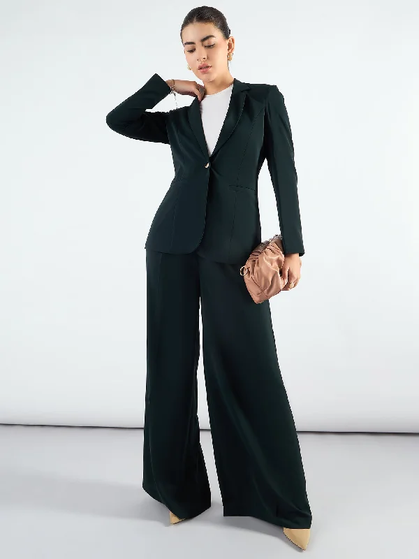Green Classic Notched Lapel Tailored Fit Blazer Paired With Trouser In Stretchable Fabric Summer Women's Jacket