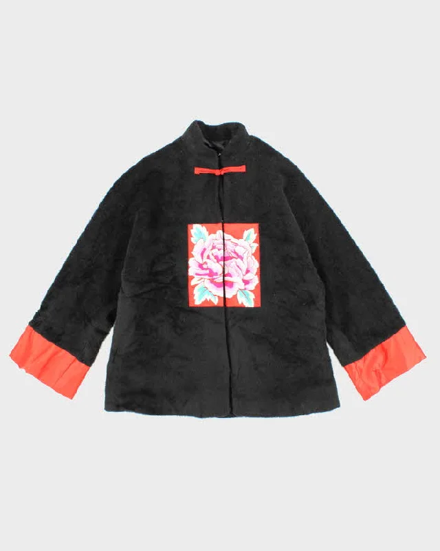 Womens 1990s Black Fuzzy Felt Mandarine Collar Embroidered Coat - M Trim Padded Insulated