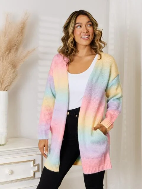 Full Size Gradient Open Front Cardigan Plaid Cardigan Polka Dot Checkered