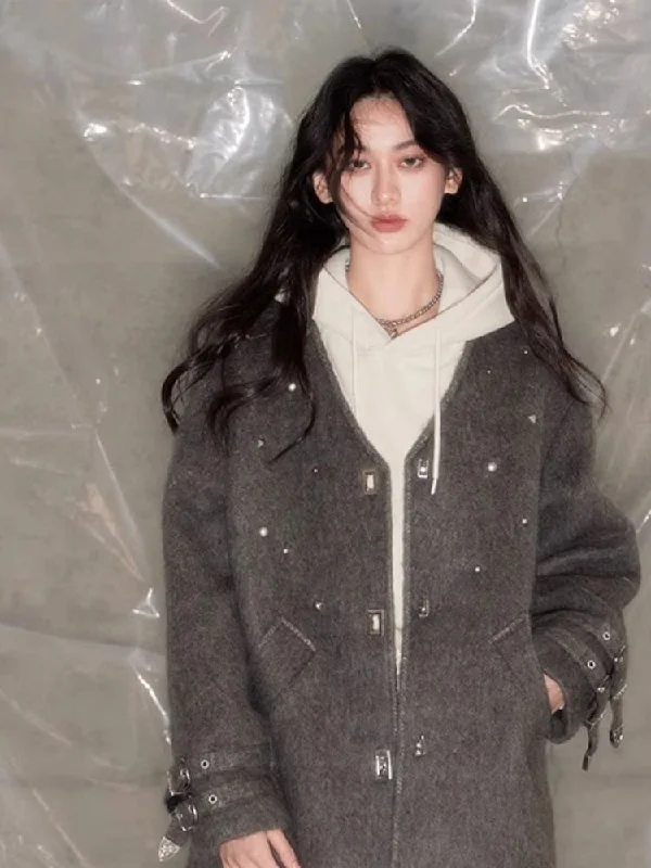 Rivets sheep wool tweed coat【s0000004889】 Knit Woven Fleece