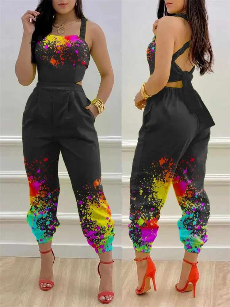 Women Jumpsuits Print Sleeveless V Neck Tops Backless Lace Up High Waist Trousers Overall Rompers Ladies Autumn Regular Trousers Running Lightweight