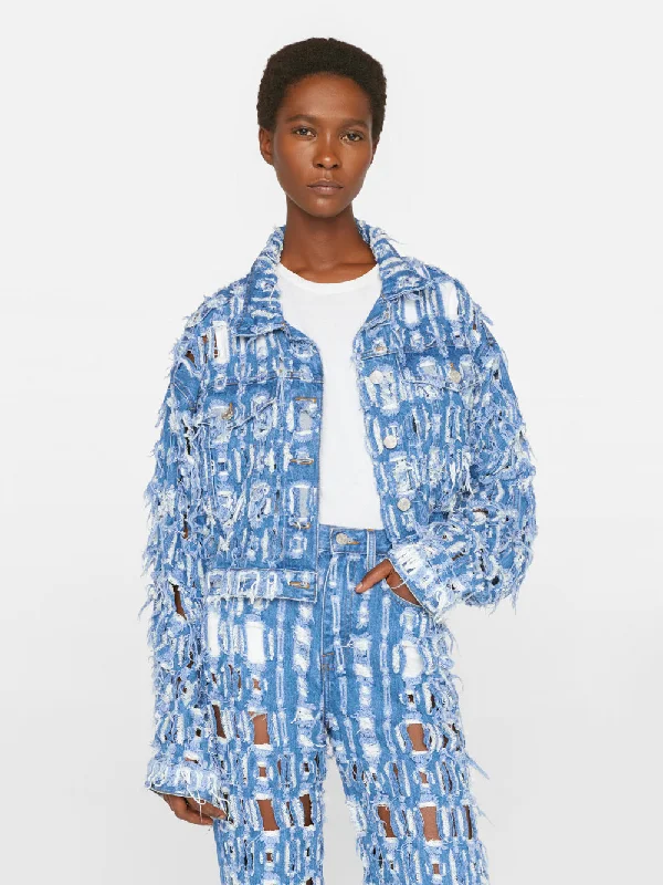 Cropped Oversized Jacket -- Blueprint Frays Zippered Front Buttoned Front Snap Front