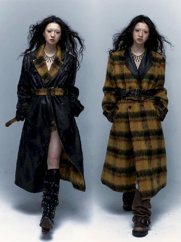 Reversible plaid patchwork leather trench coat【s0000005971】 Houndstooth Jacket Shearling Jacket Fleece Jacket