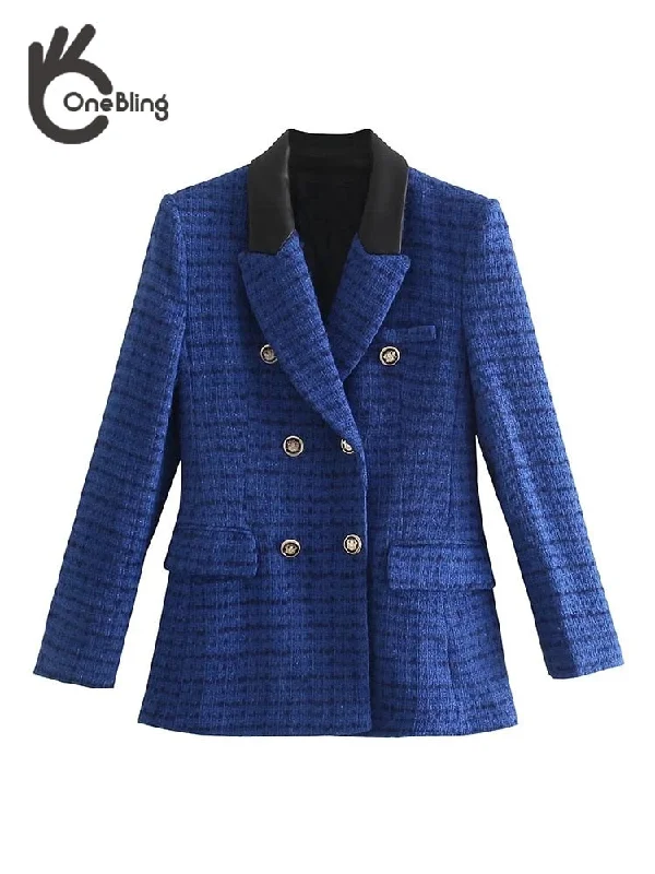 OneBling Za Woman 2022 Casual Traf Coats Spring PU Collar Patchwork Ornate Buttons Thick Blazers Tweed Woolen Suit Jacket Women's Luxurious Jacket