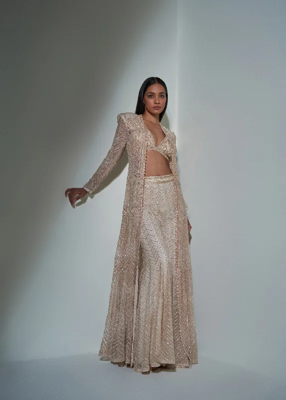 Apollinarya Ivory Sharara Set With Jacket Snapped Jacket Toggled Jacket Drawstring Jacket