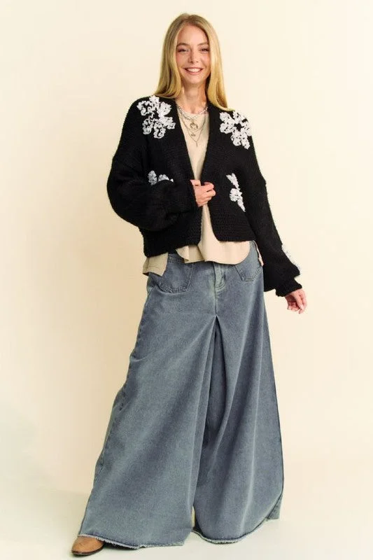 Blue Zone Planet |  Davi & Dani Floral Applique Open Front Dropped Shoulder Cardigan Fitted Loose Oversized