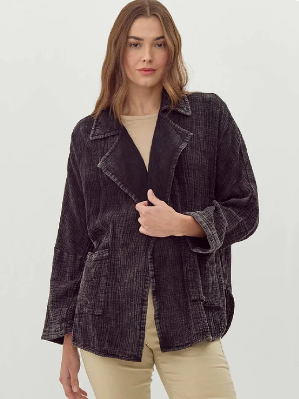 Black Washed Cotton Gauze Blazer Women's High-End Blazer