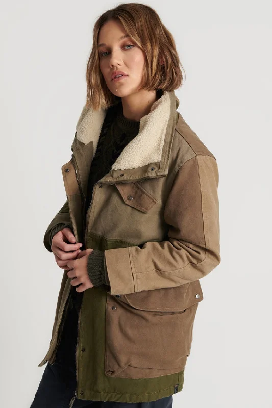 ONE TEASPOON Womens Khaki Patchworked Defender Coat - Khaki Shawl Collar Notch Collar Lapel Collar