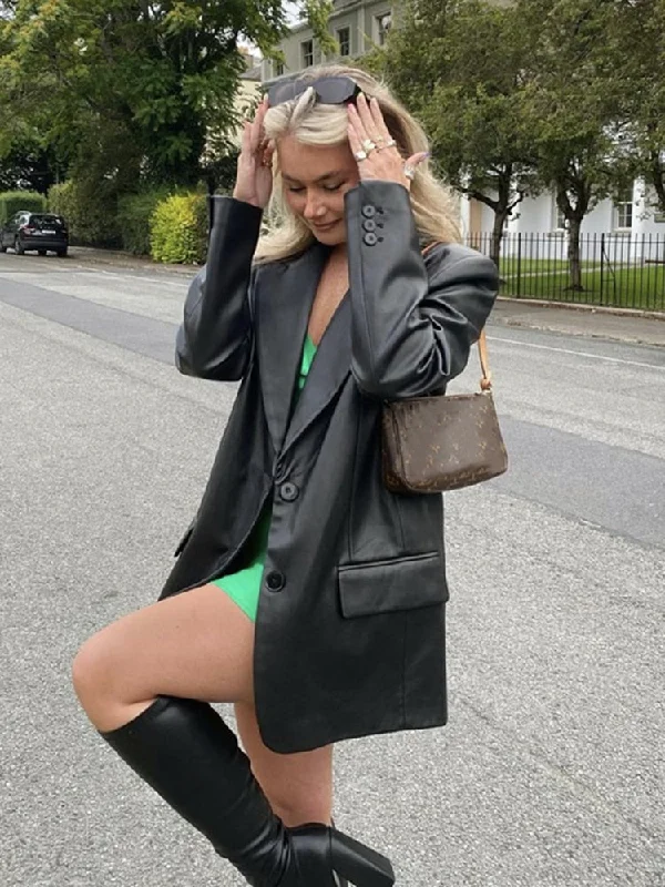 Woman Vintage Black Basic Leather Blazer Autumn Casual Female Solid Long Sleeve Pu Outwear Ladies Cool Straight Blazers Women's Elegant Suit