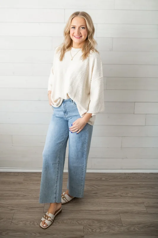 Easel 1/2 Sleeve Mineral Washed Sweater-White Slim Fit Regular Fit Oversized