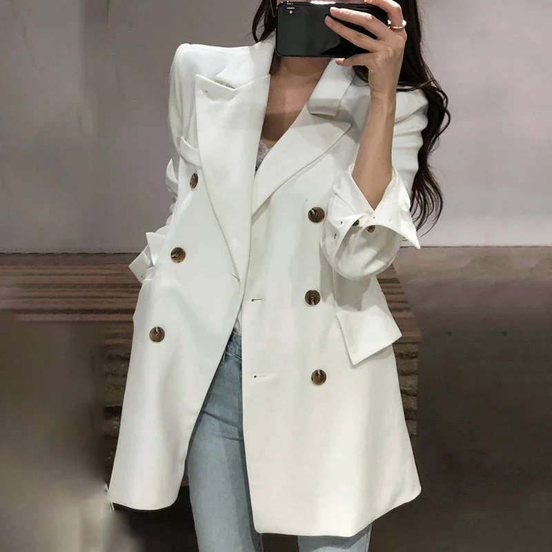 [EWQ] Notched Collar Long Sleeve Casual Blazer Korean Trend Double Breasted Loose Ladies White Coats 2022 Autumn Tide QK785 Women's High-End Blazer
