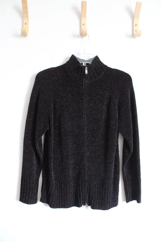 Denim & Co. Black Fuzzy Full Zip Sweater | XS Spandex Blend Rayon Blend Denim Blend