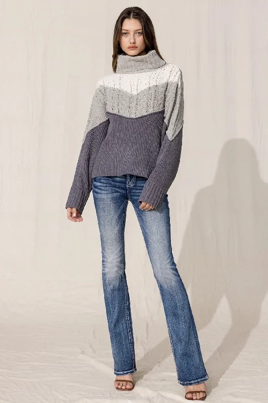 Knitted Color Block Turtleneck Sweater Mesh Sweater Canvas Denim