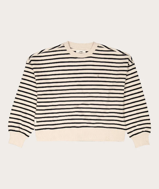 Ladies Crew Neck Stripe Sweater - Milk & Black Print Jacquard Patchwork