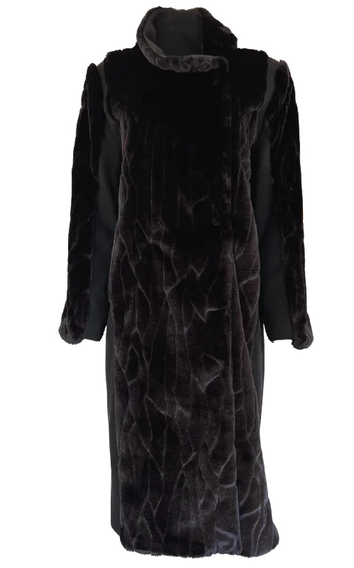 Black Faux Fur Details Long Trench Coat Solid Print Jacquard