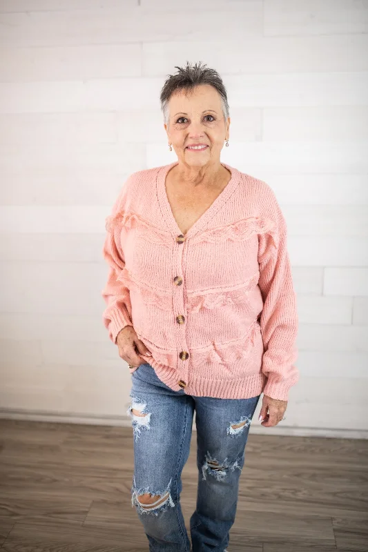 Hayden Los Angeles Button Up Sweater-Pink Chenille Brocade Lace