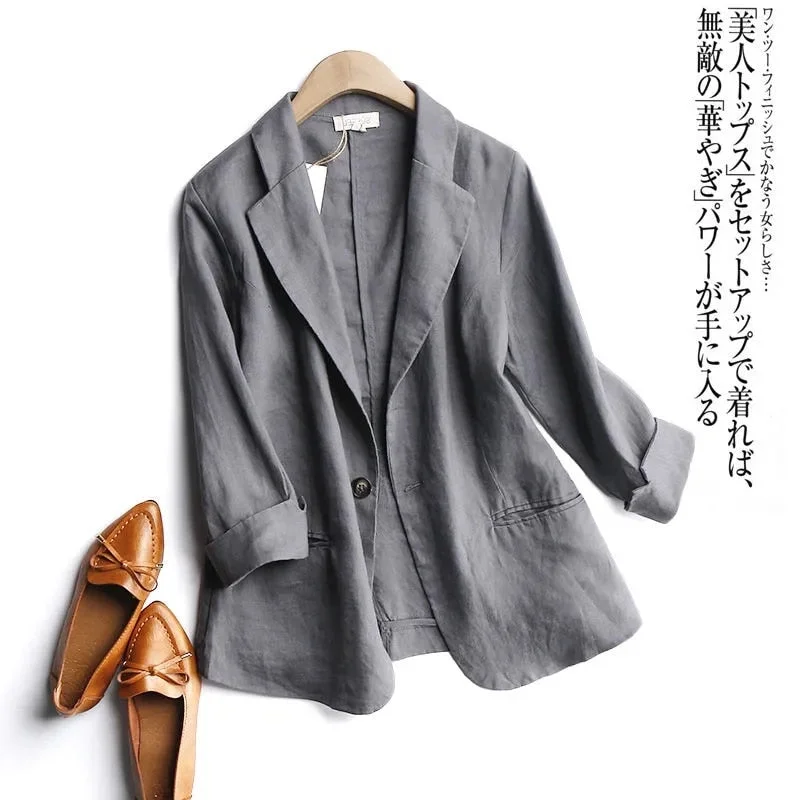 suit blazer thin cotton and linen 2022 spring and summer Korean retro simple loose large size casual small suit Women's Premium Blazer