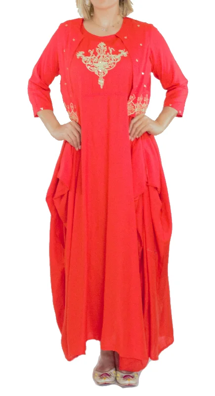 Coral Color Kurti with Jacket Belted Jacket Elasticated Jacket Padded Jacket