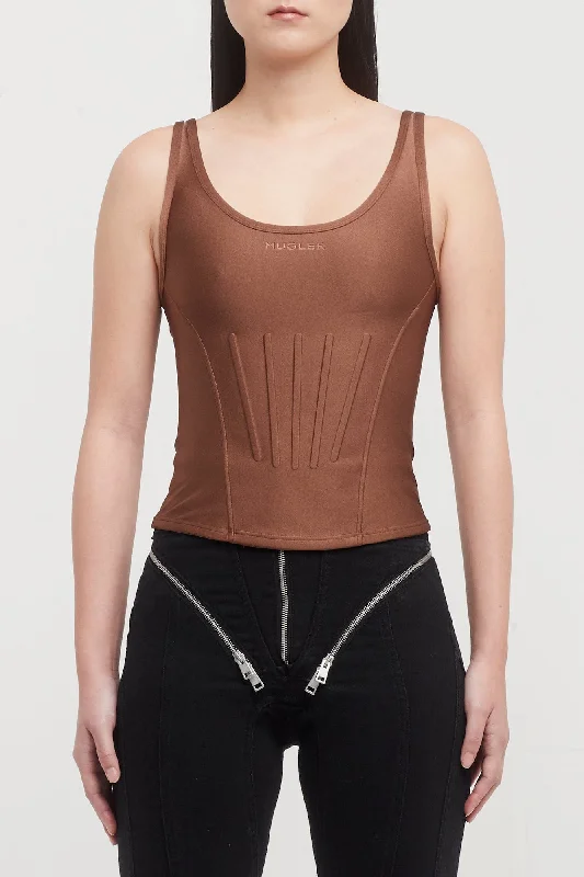 Mugler Shiny Lycra Corseted Tank Top in Cinnamon ribbed tank top