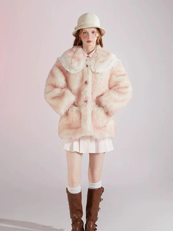 Pink and white gradient double layer collar fur coat【s0000004417】 Kimono Robe Cloak