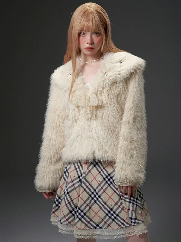 Large lapel bright silk fur winter coat【s0000005330】 Cardigan Sweater Pullover