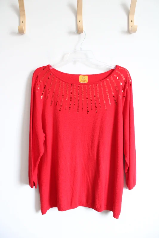 Ruby Rd. Red Sequined Sweater | 2X Polka Dot Checkered Tartan