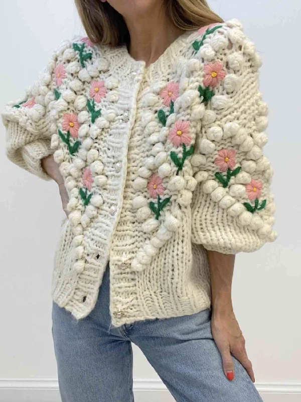 Floral Button Up Round Neck Long Sleeve Cardigan Boxy Cardigan Fitted Cardigan A-Line