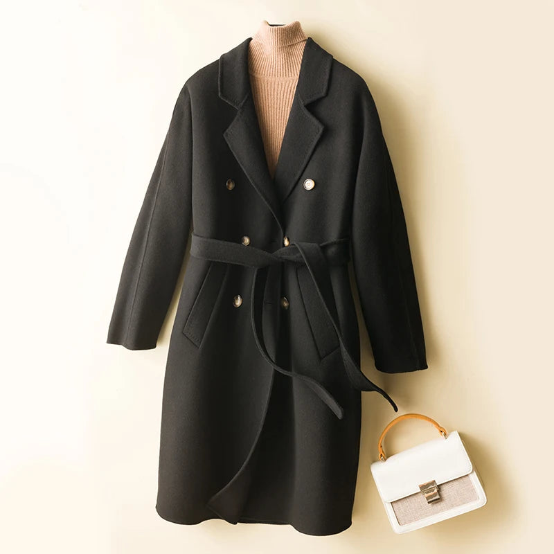 Black Ice Double-sided Cashmere 100% Wool Womens Coat Striped Polka Dot Solid