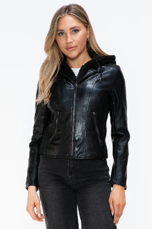 Hazel Blues® | Snobbish Faux Leather Zip Up Drawstring Hooded Jacket Elasticated Jacket Padded Jacket Insulated Jacket Hazel Blues® | Snobbish Faux Leather Zip Up Drawstring Hooded Jacket Elasticated Jacket Padded Jacket Insulated Jacket