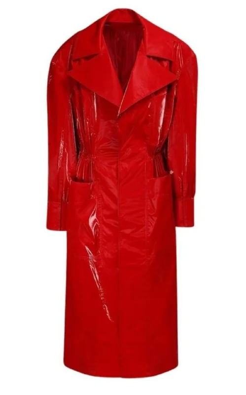 Belted Glossy Red Trench Coat Three-Quarter Sleeve Elbow Sleeve Wrist Sleeve