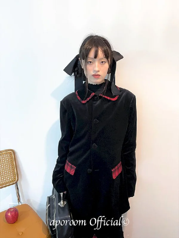 Velvet blazer, heart wrap buttons, checkered stitching【s0000006638】 Women's Fashion Blazer