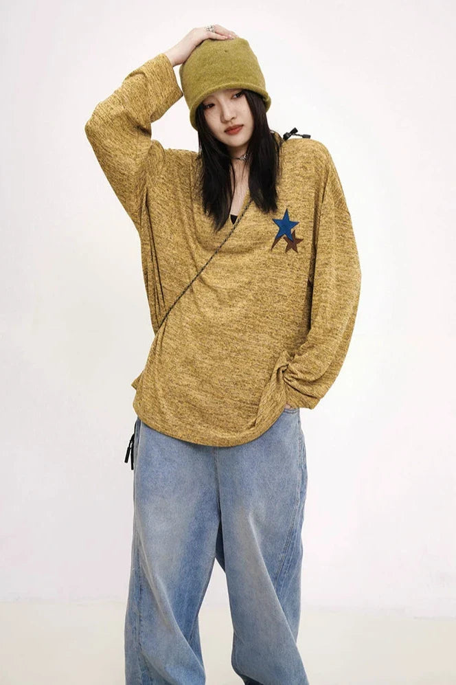 Mustard Yellow Knit Sweater with Star Patch Beaded Sweater Sequined Faux Fur
