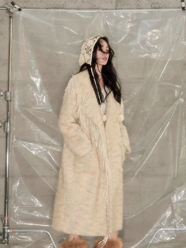 Fringe collar silhouette cashmere tweed coat【s0000004875】 Pockets Sleeves Lining