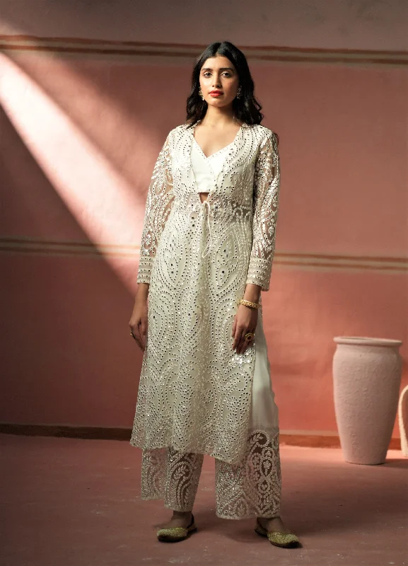 Long Full Sleeves Embellished Tassled Jacket In White Net Mirrorwork Zippered Jacket Buttoned Jacket Snapped Jacket