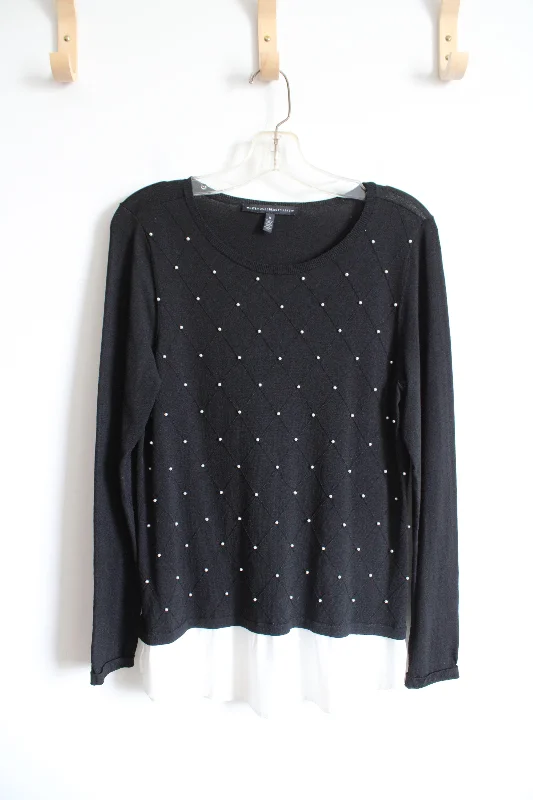 White House Black Market Pearl Studded White Hemmed Sweater | M Houndstooth Herringbone Solid