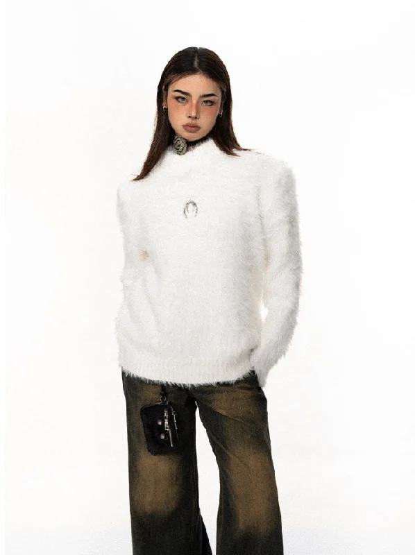 Fuzzy Mock Neck Sweater Real Fur Shearling Chenille