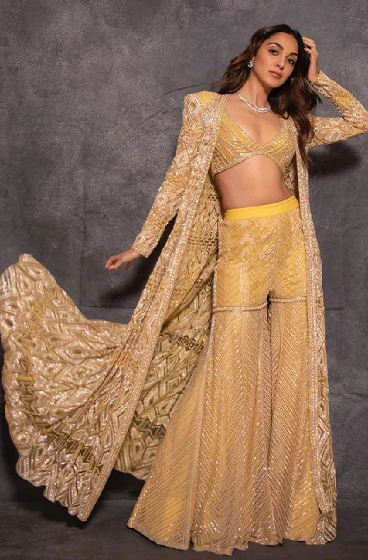 Anfisa Yellow Sharara Set With Long Jacket And Heavy Chevron Sharara Notch Collar Peter Pan Collar Cowl Neck