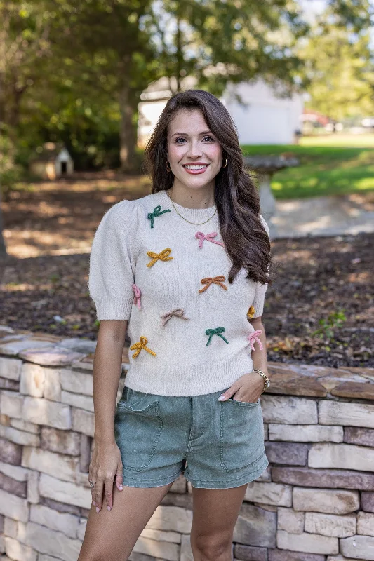 Bow Tied Beauty Oatmeal Sweater Solid Print Embellished