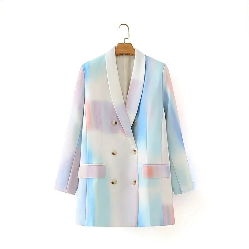 2022 Ladies Casual Loose Double-breasted Printed Ladies Jacket Trendy Mid-length Ladies Blazer Fall Small Suit Female Women's Elegant Blazer