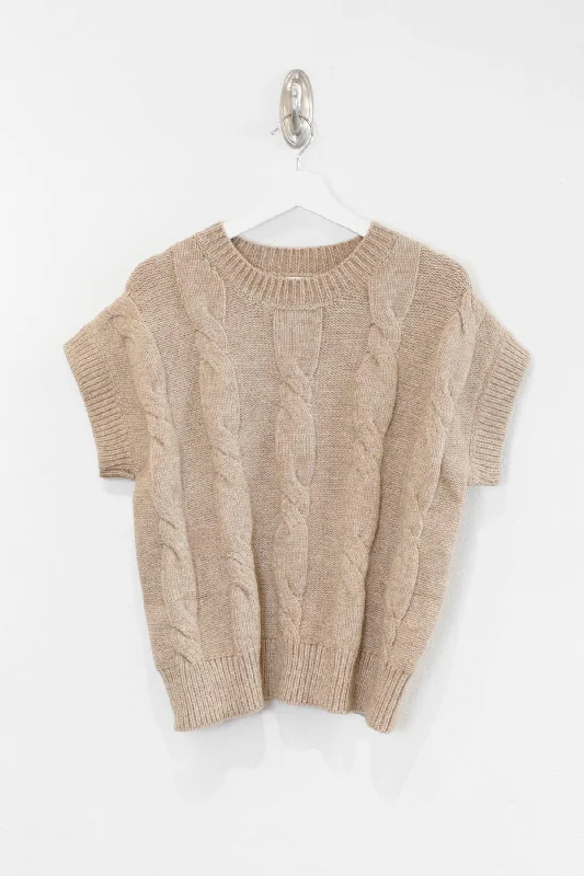 Latte Cable Knit Short Sleeve Sweater Toggled Drawstring Belted