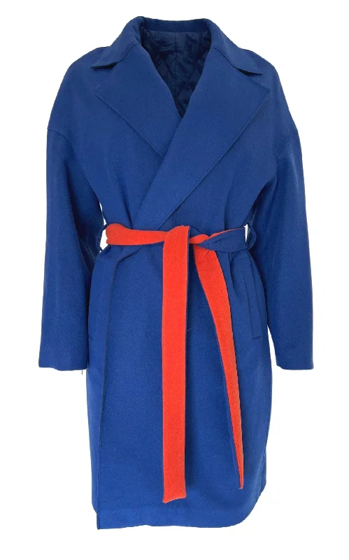 Blue Belted Wrap Trench Coat Cuffed Rolled Raglan