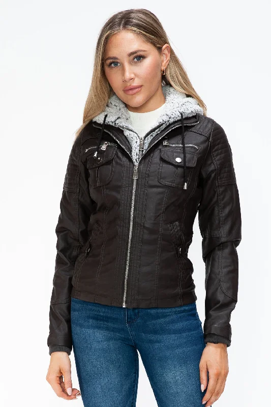 Hazel Blues® |  YMI Removable Faux Layered Multi-Pocket Jacket with Fuzzy Hood Plaid Jacket Tartan Jacket Houndstooth Jacket